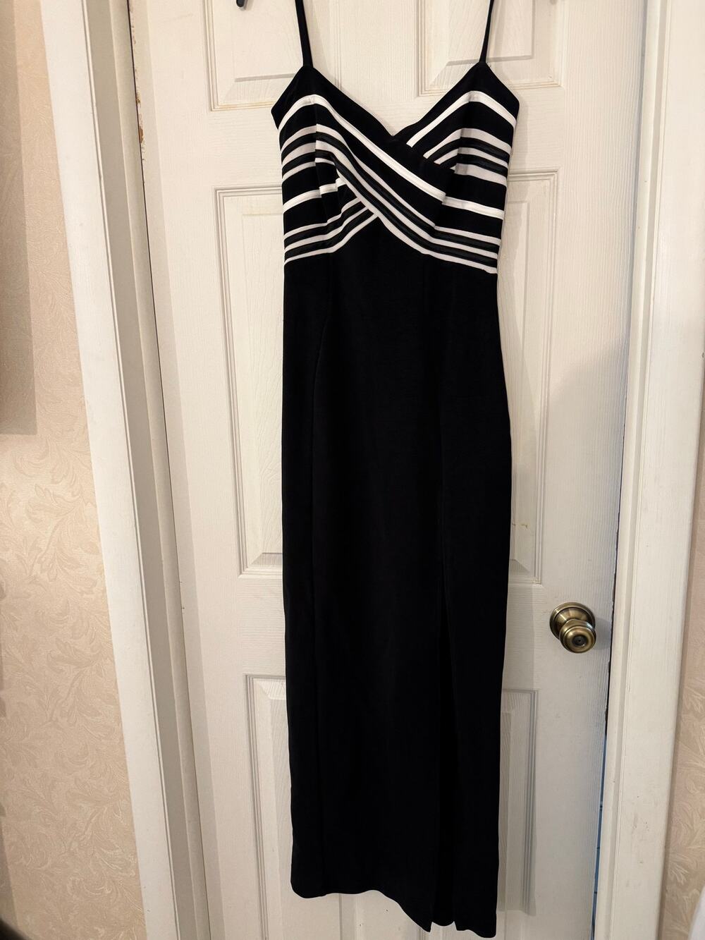 Vintage TADASHI SHOJI Black & White Striped Crossover Bodice Maxi Gown size M
